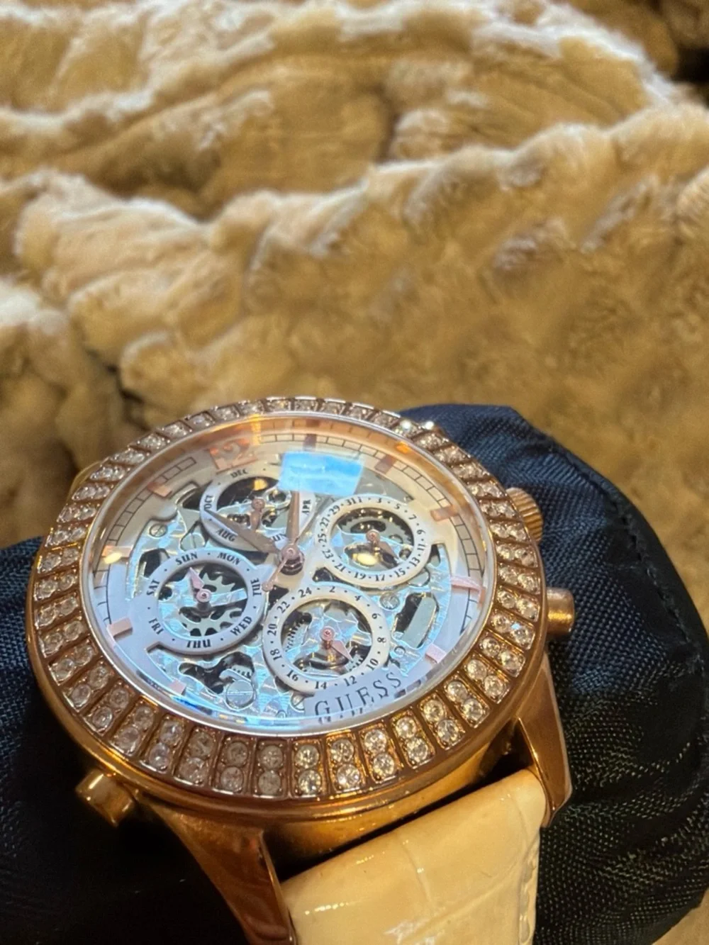 GUESS Rose Gold Watch with White Strap and Crystal Bezel